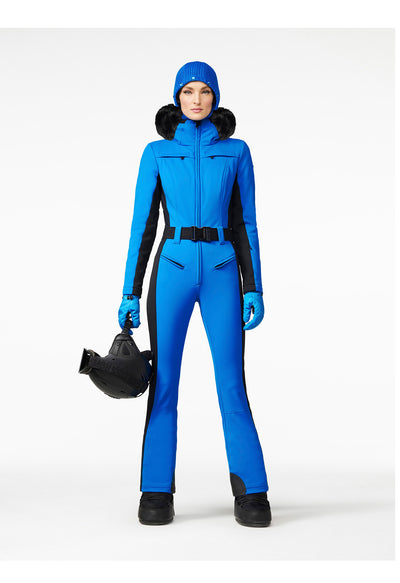 Goldbergh Parry One Piece Ski Suit in Electric Blue with Faux Fur Hood