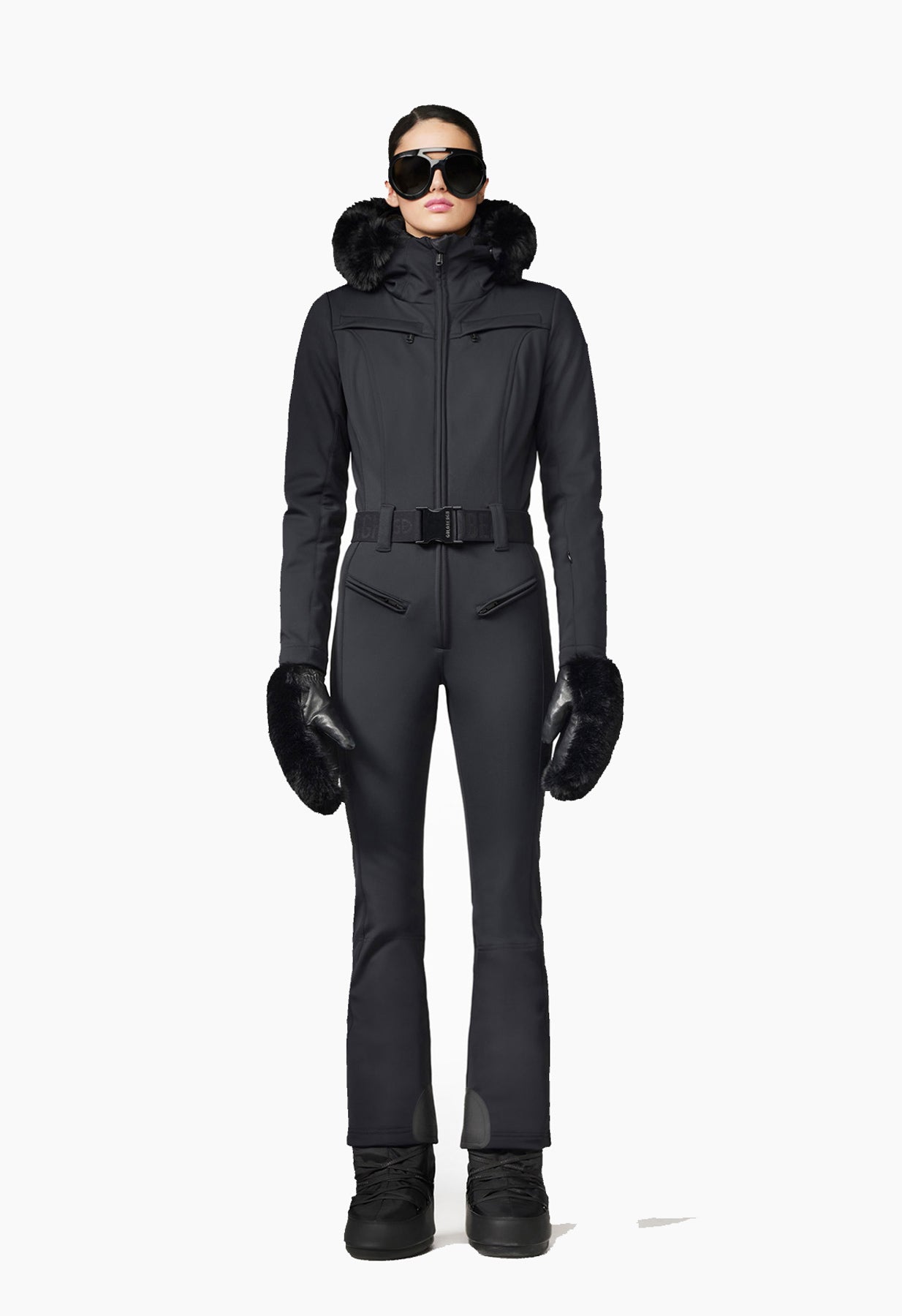 Goldbergh Parry One Piece Ski Suit in Black with Faux Fur Hood
