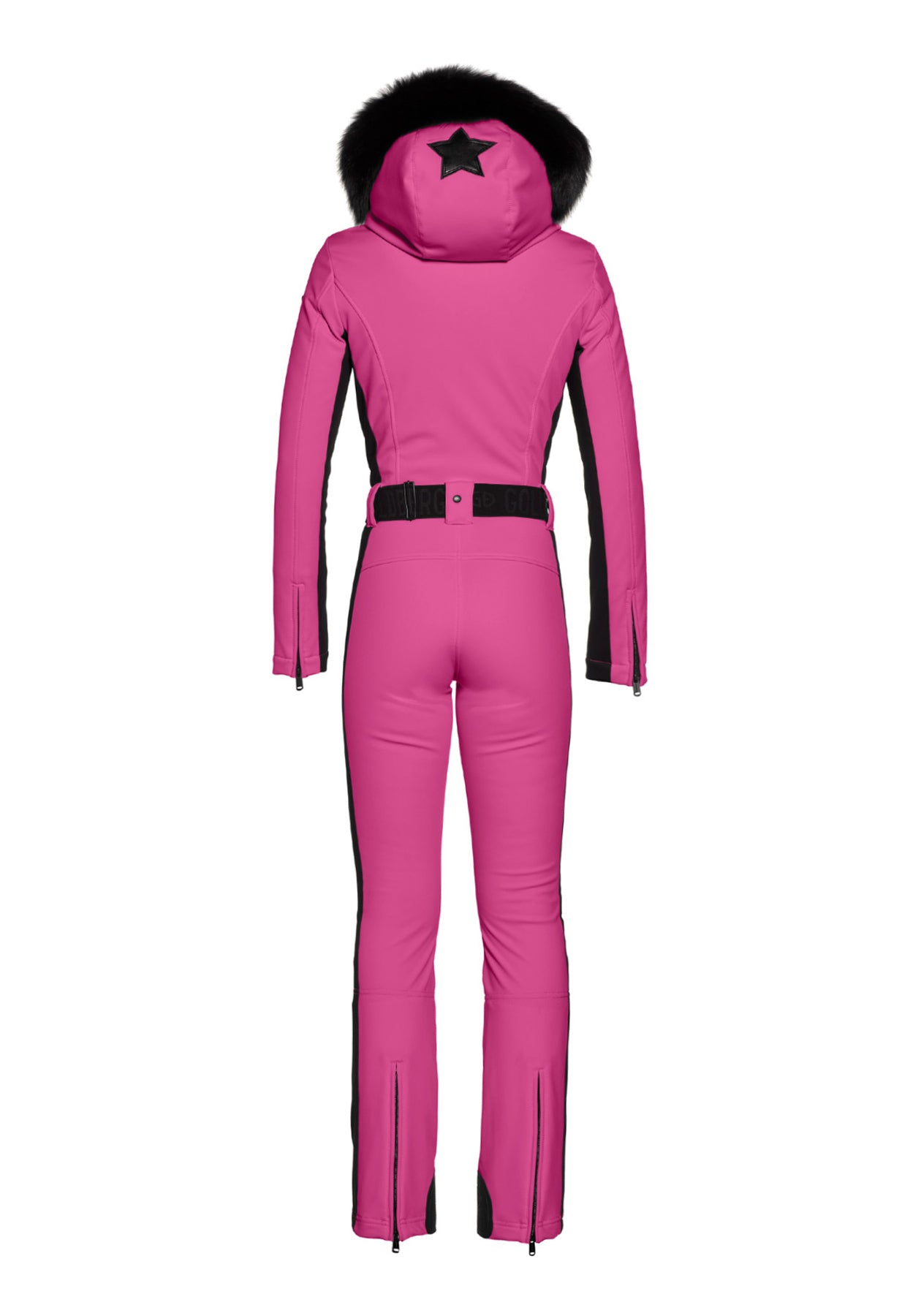 Goldbergh Parry One Piece Ski Suit in Pink with Real Fur Hood