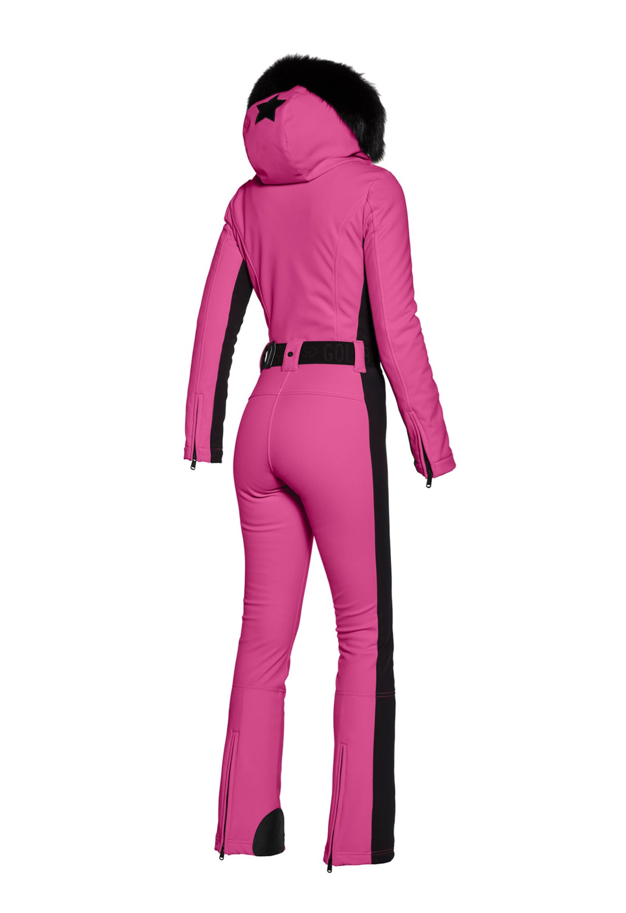 Goldbergh Parry One Piece Longer Length Ski Suit in Pink with Faux Fur Hood