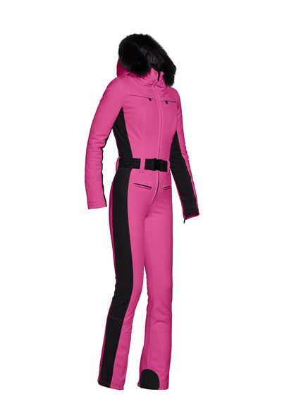 Goldbergh Parry One Piece Longer Length Ski Suit in Pink with Faux Fur Hood