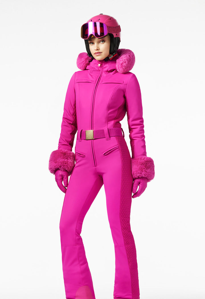 Goldbergh Pink All in one Ski suit with Faux Fur Hood and Cuffs Winternational