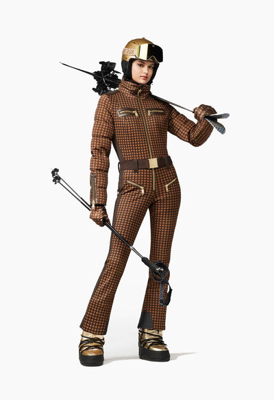 Goldbergh Starstruck One Piece Ski Suit in Brown Star Pattern