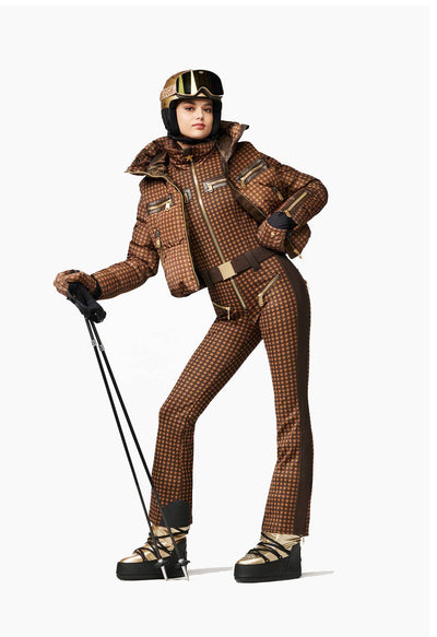 Goldbergh Starstruck One Piece Ski Suit in Brown Star Pattern