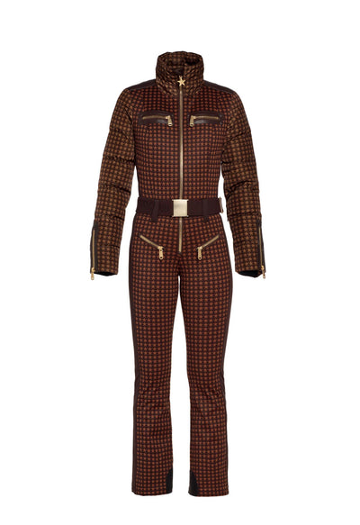 Goldbergh Starstruck One Piece Ski Suit in Brown Star Pattern