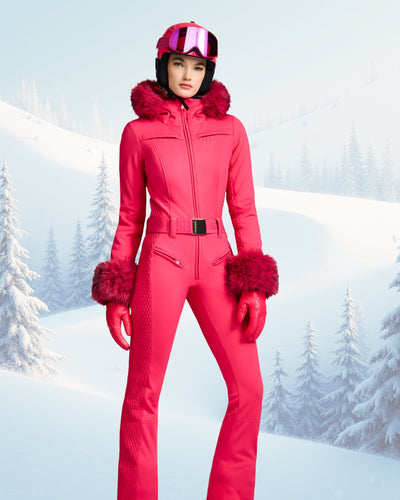 Goldbergh Angele One Piece Ski Suit in Italian Rose with Faux Fur Trims and  Hood