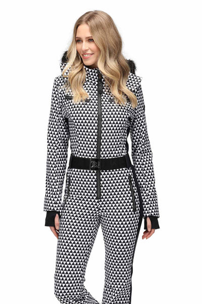 Kelly by Sissy Pearl Softshell One Piece Ski Suit in Black and White with Faux Fur