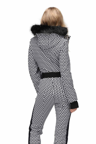 Kelly by Sissy Pearl Softshell One Piece Ski Suit in Black and White with Faux Fur