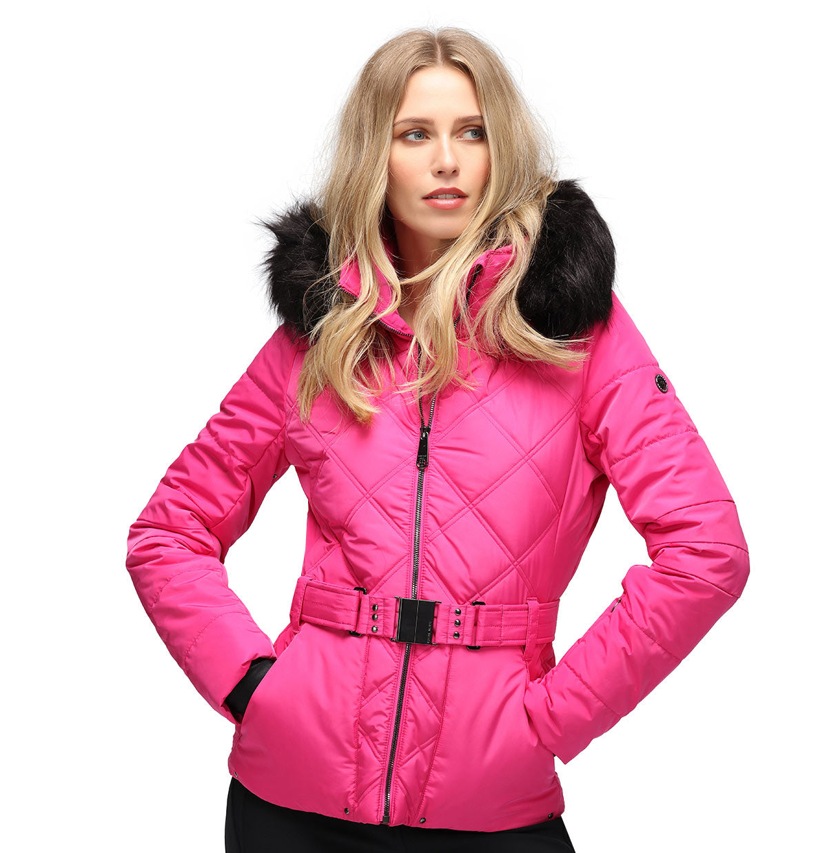 Poivre Blanc Pink Ski Jacket with Hood and Belt and Faux Fur