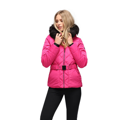 Poivre Blanc Pink Ski Jacket with Hood and Belt and Faux Fur