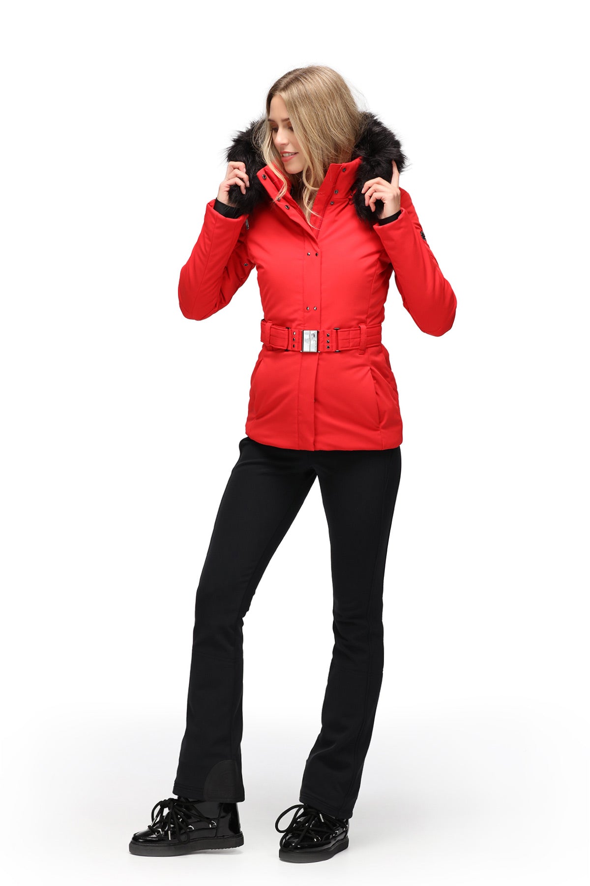 Poivre Blanc W23-0801 Belted Ski Jacket in Red
