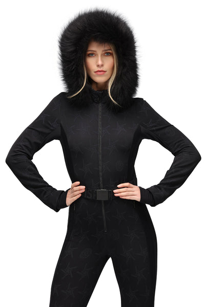 Sportalm One Piece Star Print Ski Suit in Black with Fur Hood