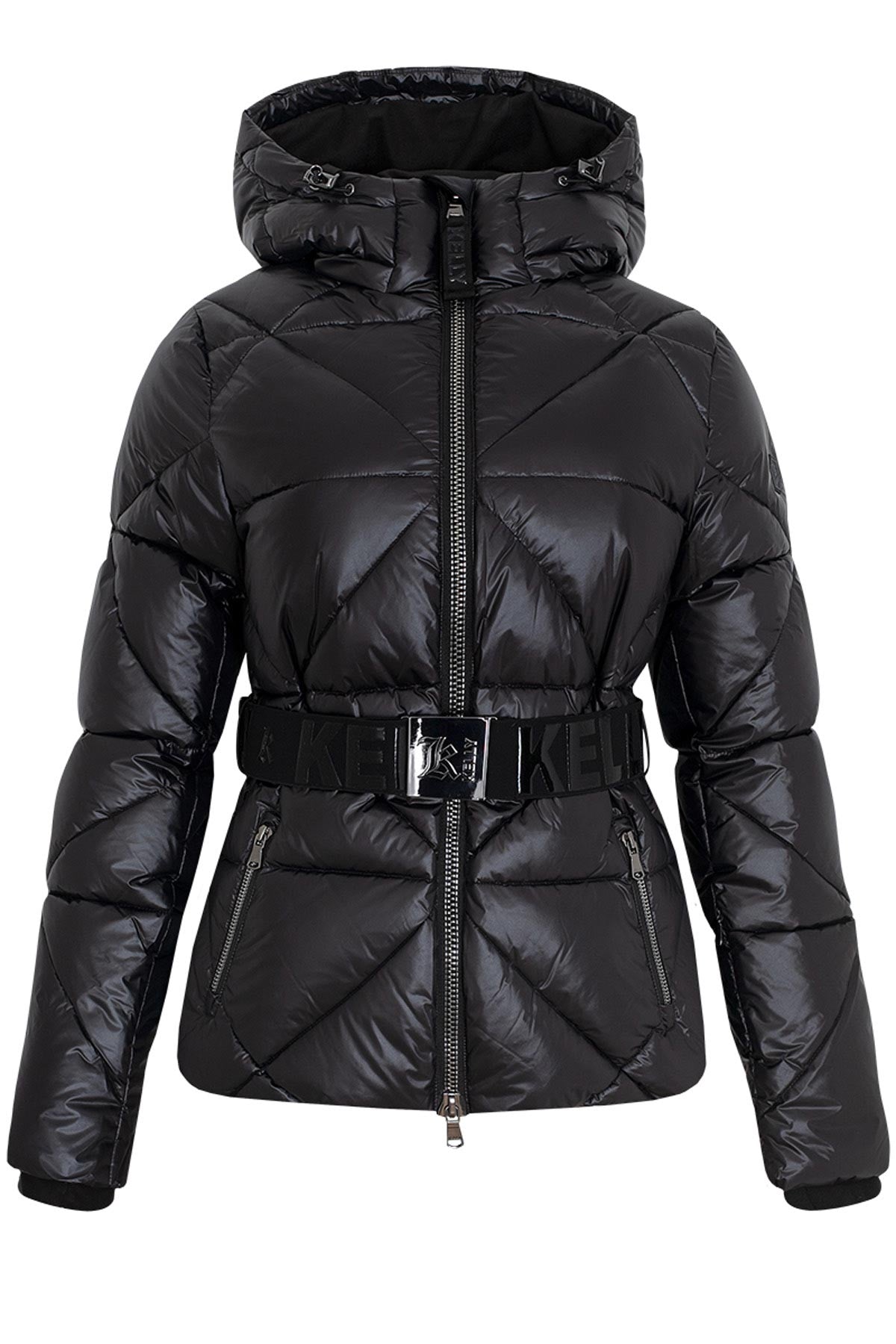 Kelly Eden black down belted ski jacket hood Winternational
