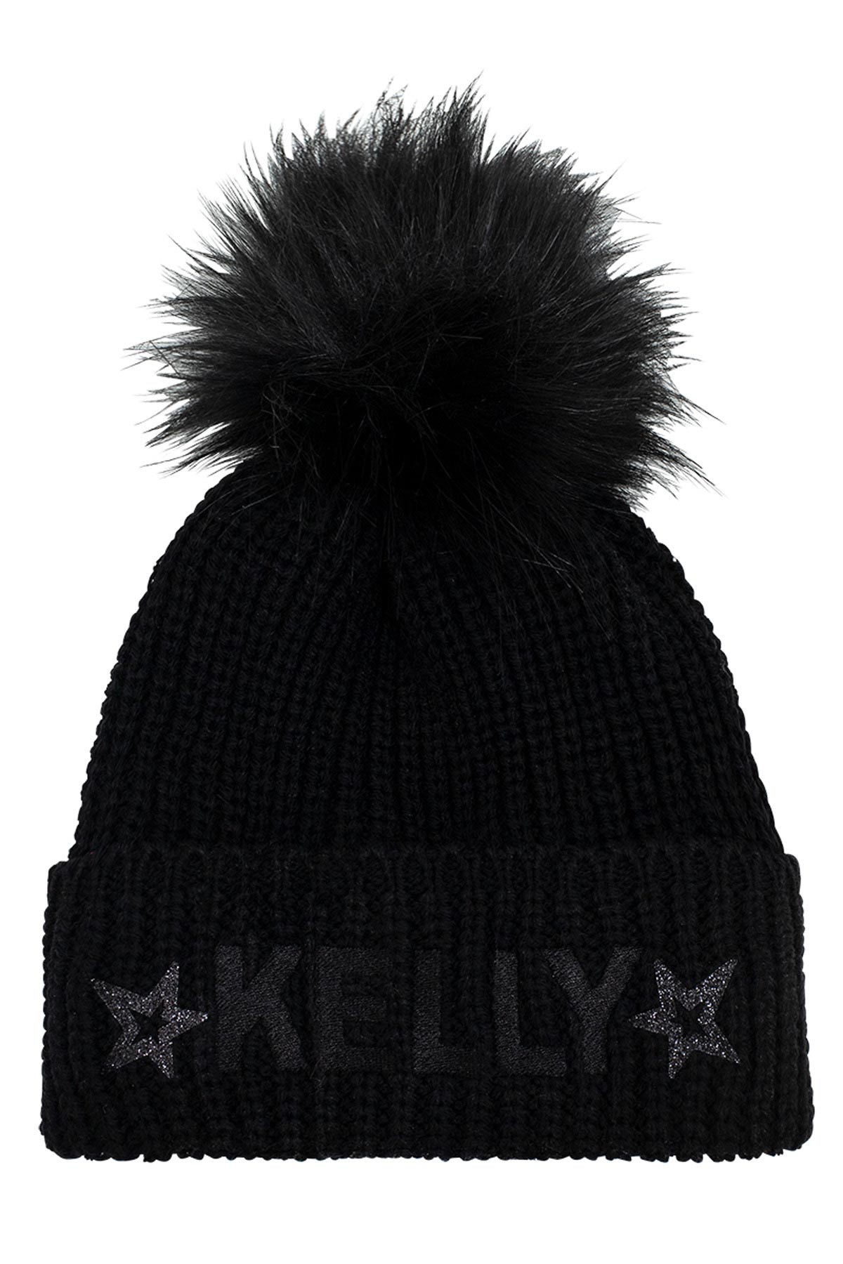 Kelly Goya Black Faux Fur Pom Pom Hat with Sequins