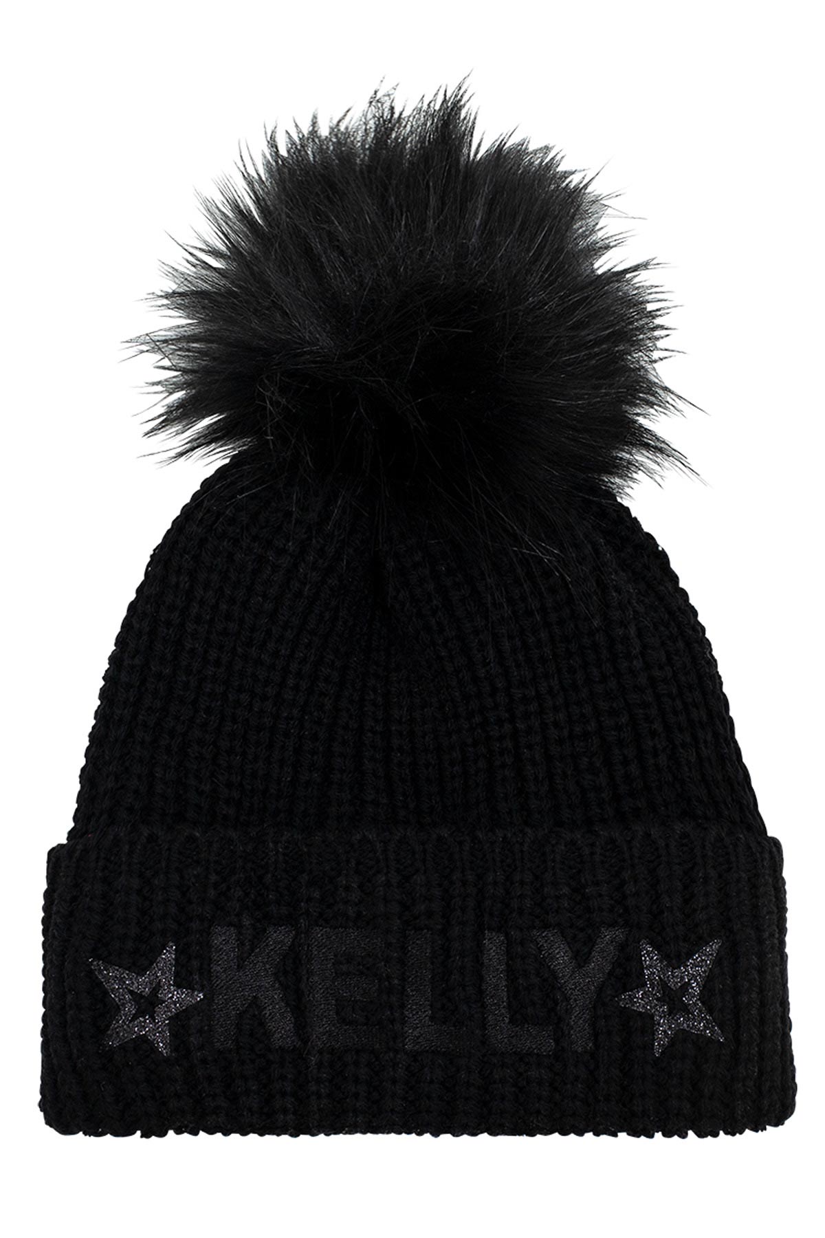 Kelly by Sissy Goya Black Fur Pom Pom Hat with Sequins
