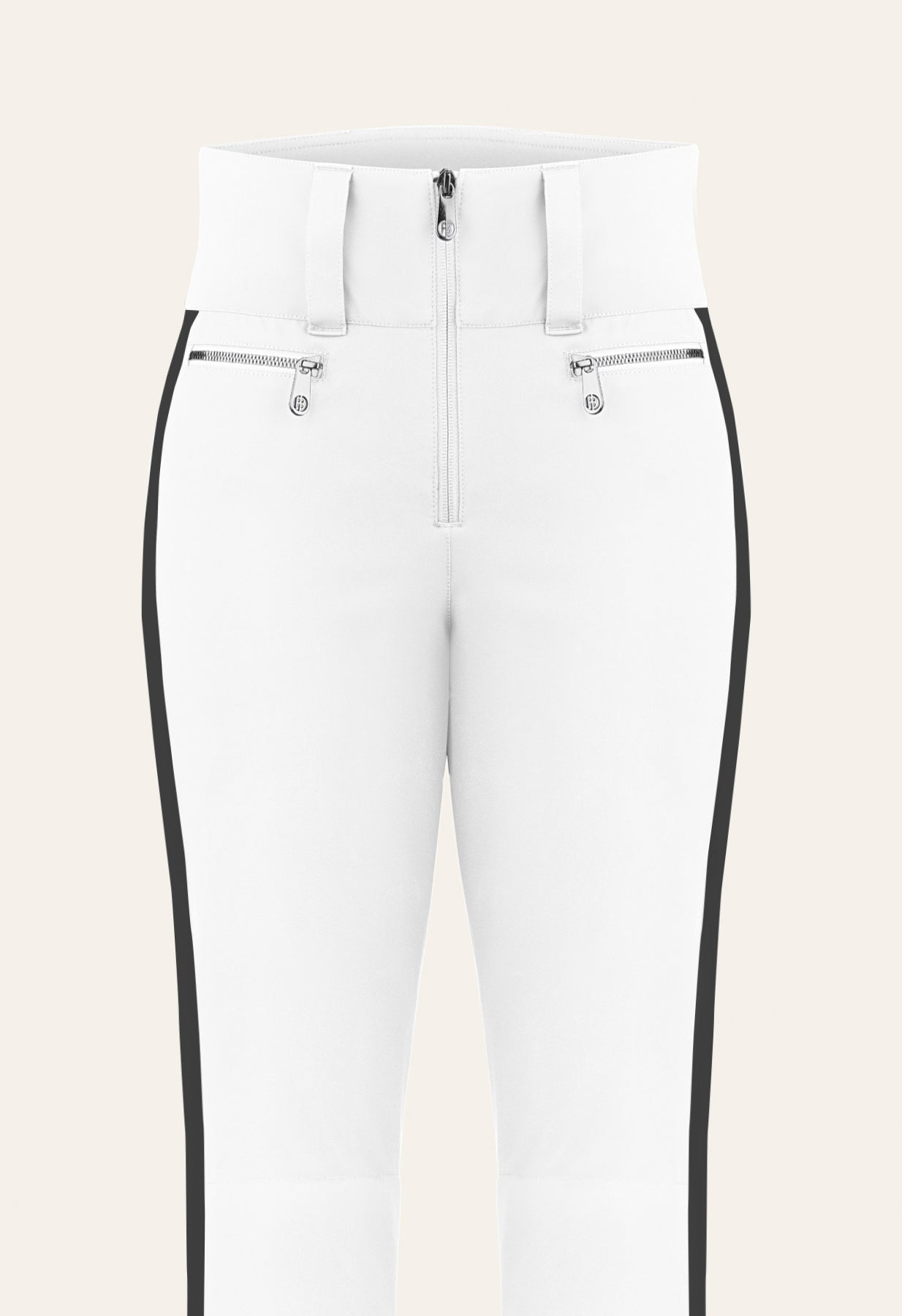 Poivre Blanc 0822 Shorter length Stretch Ski Pant in White and Black Side Stripe