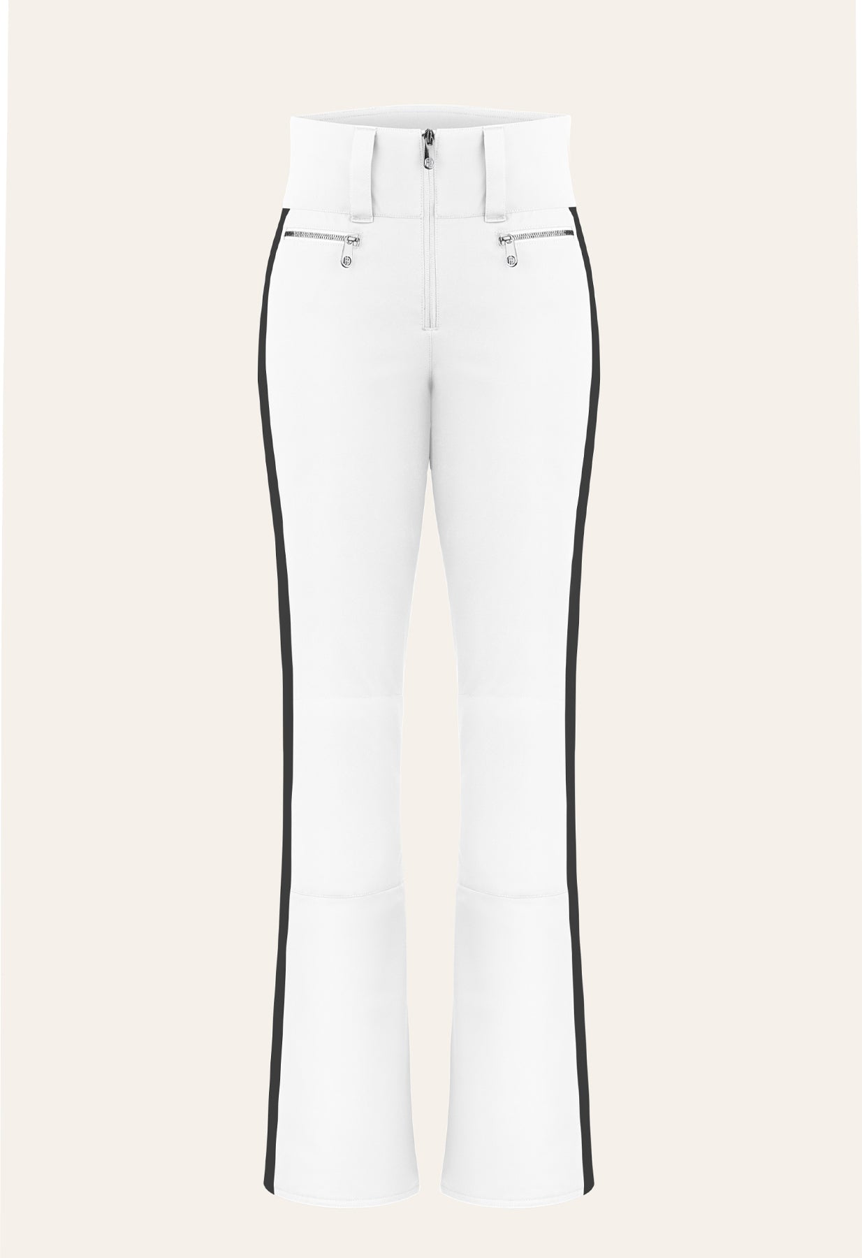 Poivre Blanc 0822 Shorter length Stretch Ski Pant in White and Black Side Stripe