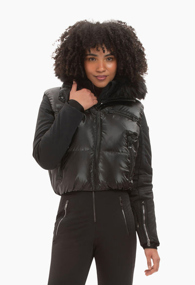 Poivre Blanc Ski Suit in Black and White with Faux Fur 0831