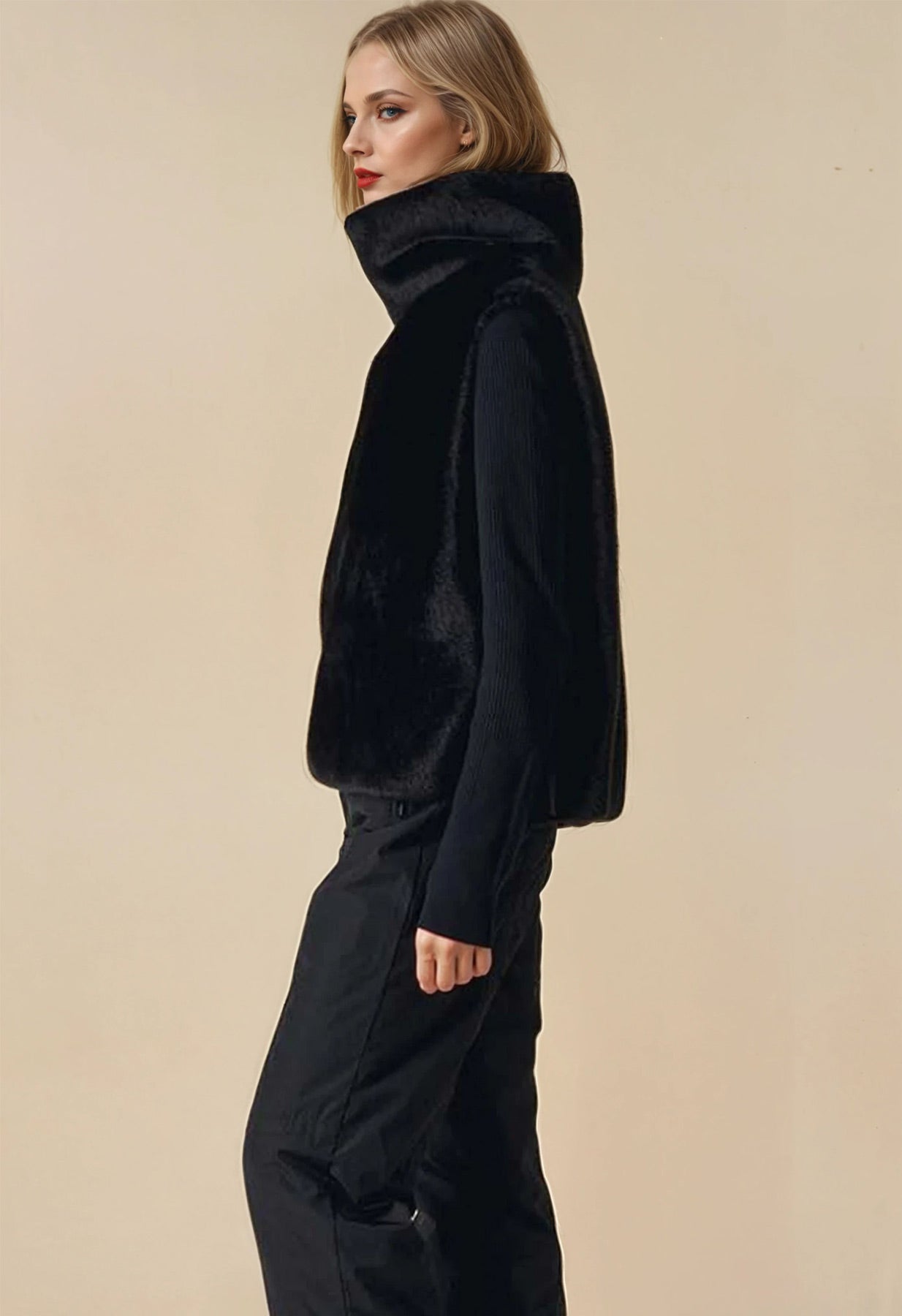 Poivre Blanc Furry Gilet in Black Faux Fur