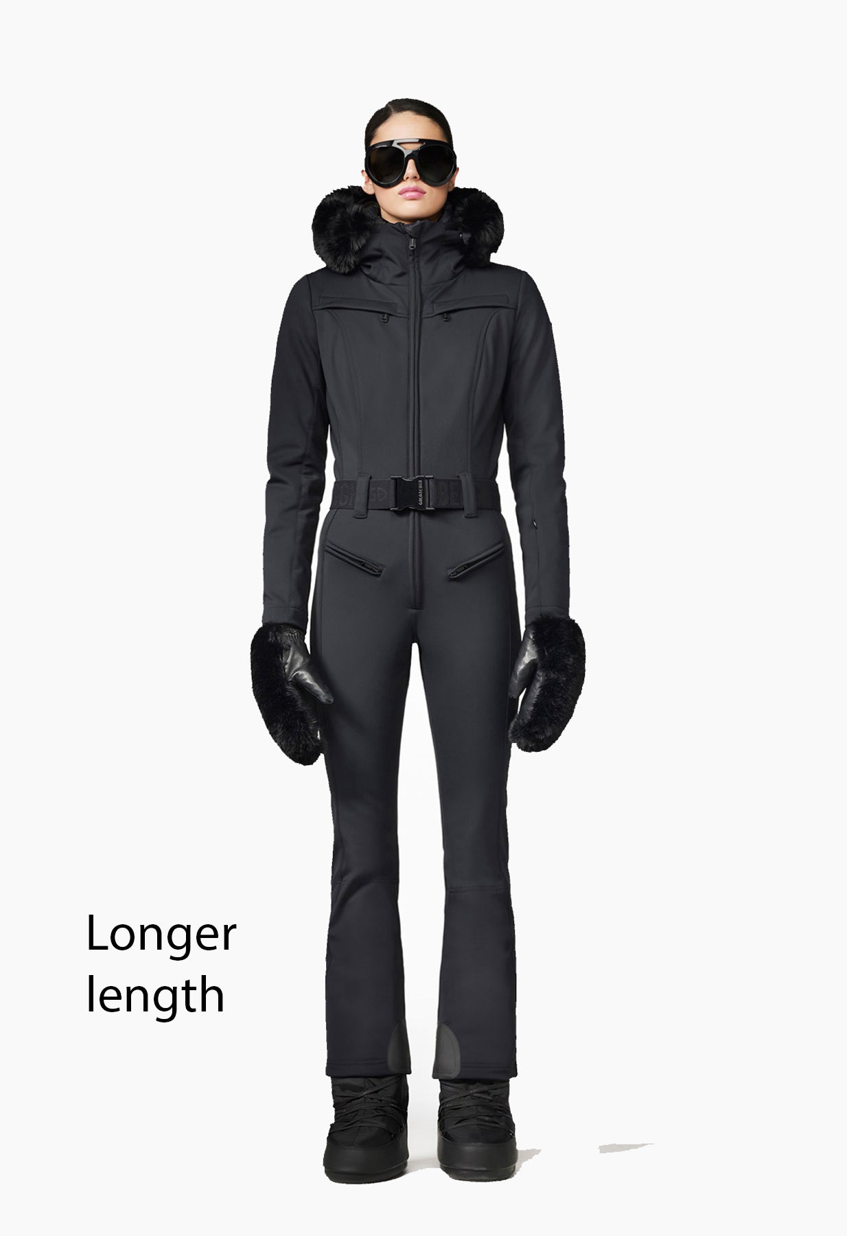 Goldbergh Parry One Piece Longer Length Ski Suit in Black with Faux Fur Hood