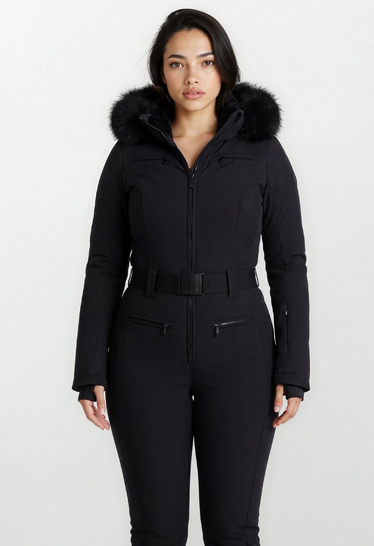 Goldbergh Parry One Piece Longer Length Ski Suit in Black with Faux Fur Hood