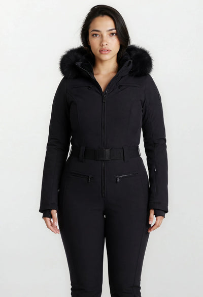 Goldbergh Parry One Piece Longer Length Ski Suit in Black with Faux Fur Hood