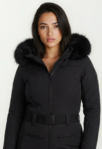 Goldbergh Parry One Piece Longer Length Ski Suit in Black with Faux Fur Hood