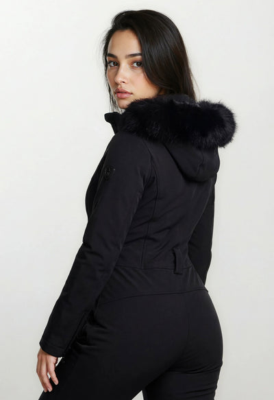 Goldbergh Parry One Piece Longer Length Ski Suit in Black with Faux Fur Hood