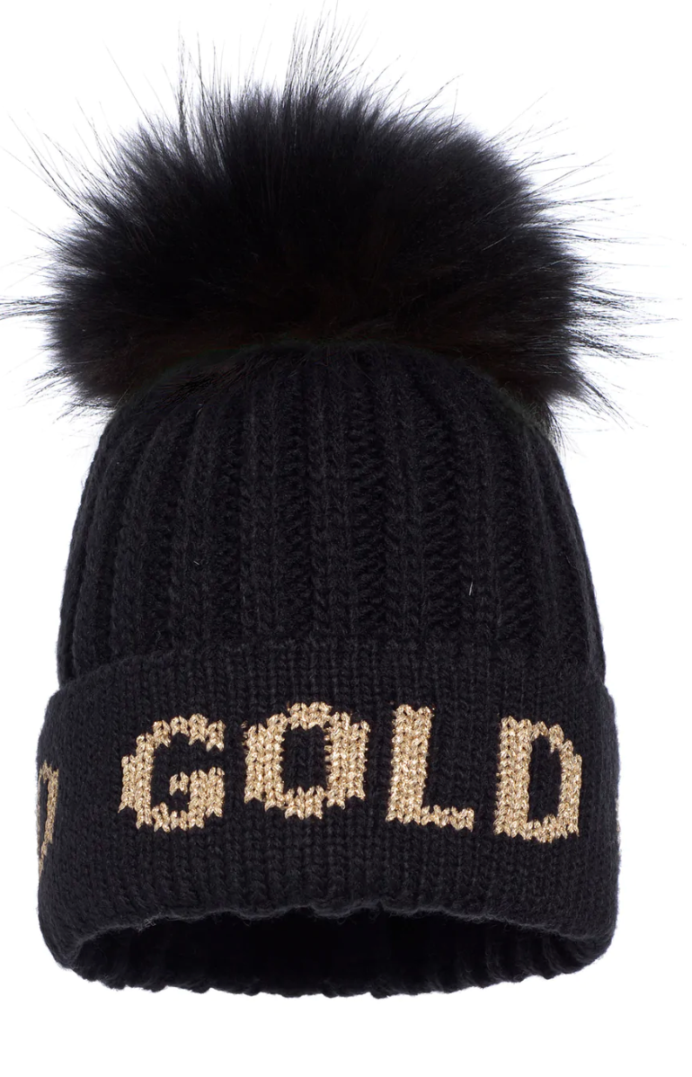 Goldbergh Hodd Fake Fur Pom Pom Hat in Black and Gold