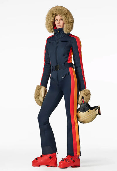 Goldbergh Suvi One Piece Ski Suit in French Blue with Faux Fur Trimmed Hood