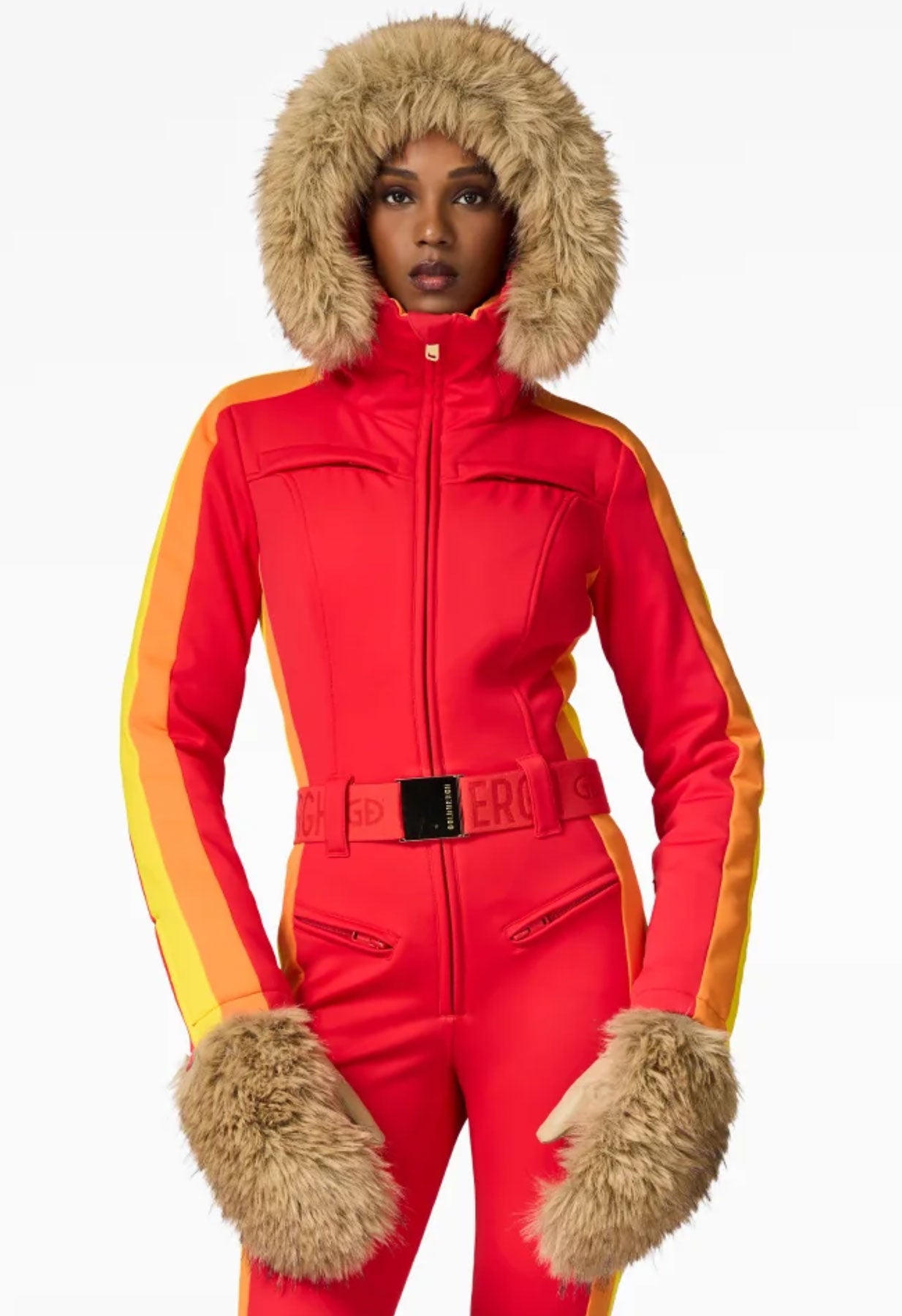 Goldbergh Suvi One Piece Ski Suit in Flame Red with Faux Fur Hood