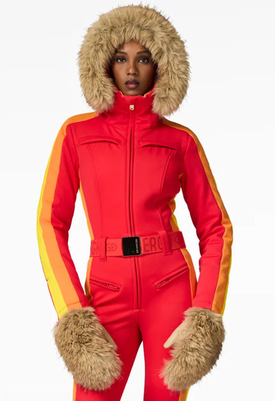 Goldbergh Suvi One Piece Ski Suit in Flame Red with Faux Fur Hood