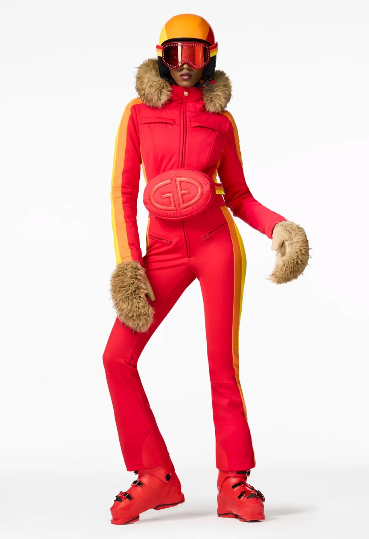 Goldbergh Suvi One Piece Ski Suit in Flame Red with Faux Fur Hood
