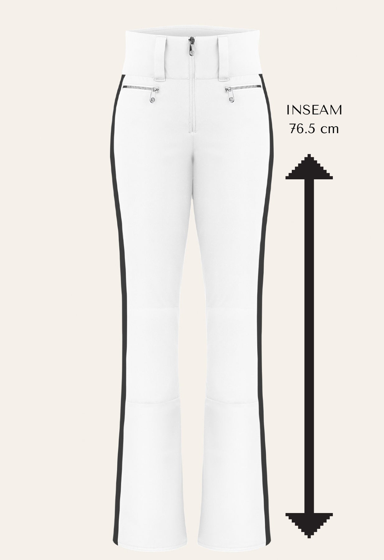 Poivre Blanc 0822 Shorter length Stretch Ski Pant in White and Black Side Stripe