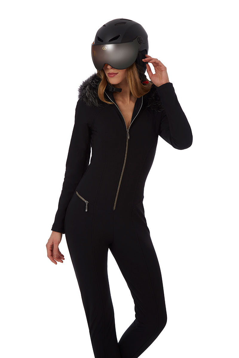 Emmegi Winnie One Piece Ski Suit in Black with Fur Trimmed Hood