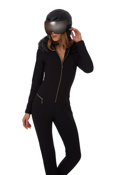 Emmegi Winnie One Piece Ski Suit in Black with Fur Trimmed Hood