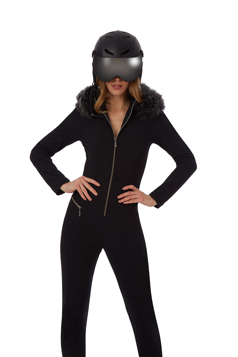 Emmegi Winnie One Piece Ski Suit in Black with Fur Trimmed Hood