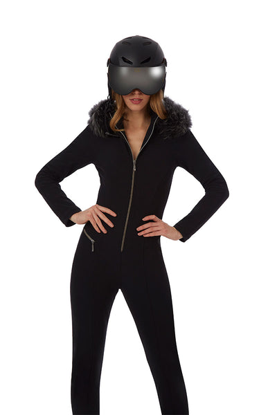 Emmegi Winnie One Piece Ski Suit in Black with Fur Trimmed Hood