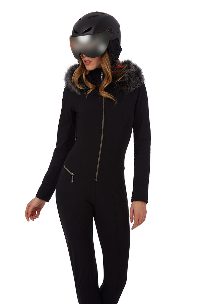 Emmegi Winnie One Piece Ski Suit in Black with Grey Fur Trimmed Hood