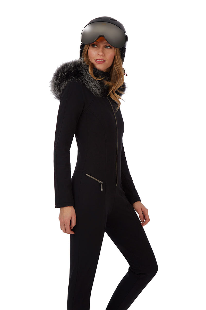 Emmegi Winnie One Piece Ski Suit in Black with Grey Fur Trimmed Hood