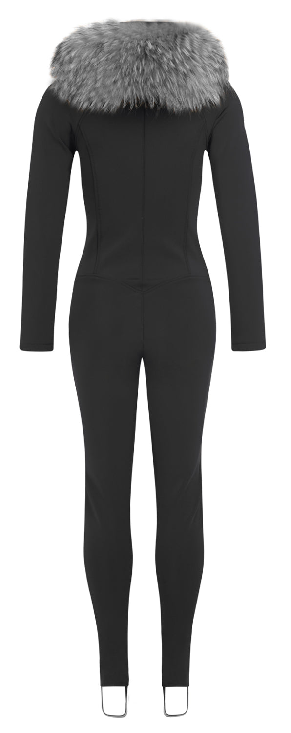 Emmegi Winnie One Piece Ski Suit in Black with Fur Trimmed Hood