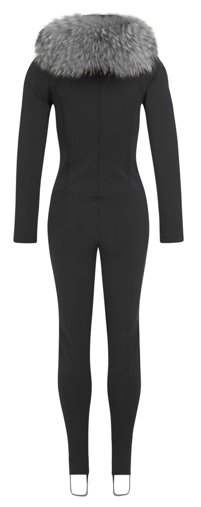 Emmegi Winnie One Piece Ski Suit in Black with Grey Fur Trimmed Hood