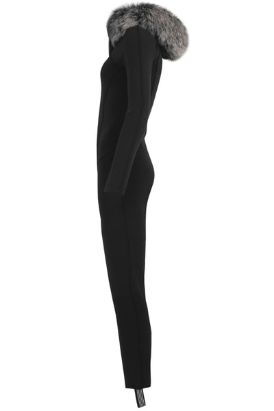 Emmegi Winnie One Piece Ski Suit in Black with Grey Fur Trimmed Hood