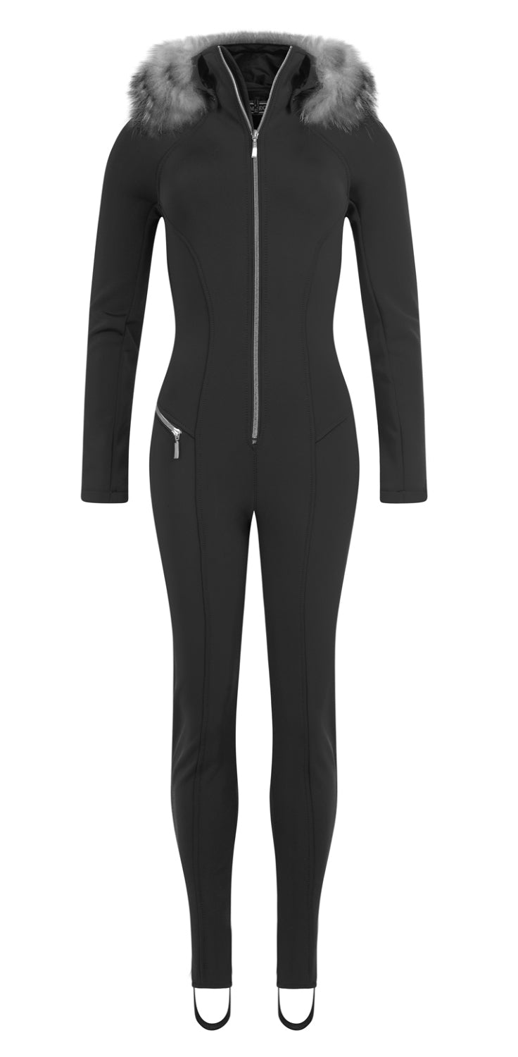 Emmegi Winnie One Piece Ski Suit in Black with Grey Fur Trimmed Hood