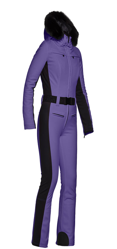 Goldbergh Parry One Piece Ski Suit in Amethyst with Fur Hood