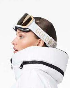 Goldbergh white gold eyecatcher ski goggle and white snowmass ski jacket