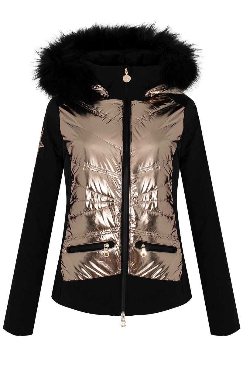 High Society Harper Black and Caramel Ski Jacket with Faux Fur Hood