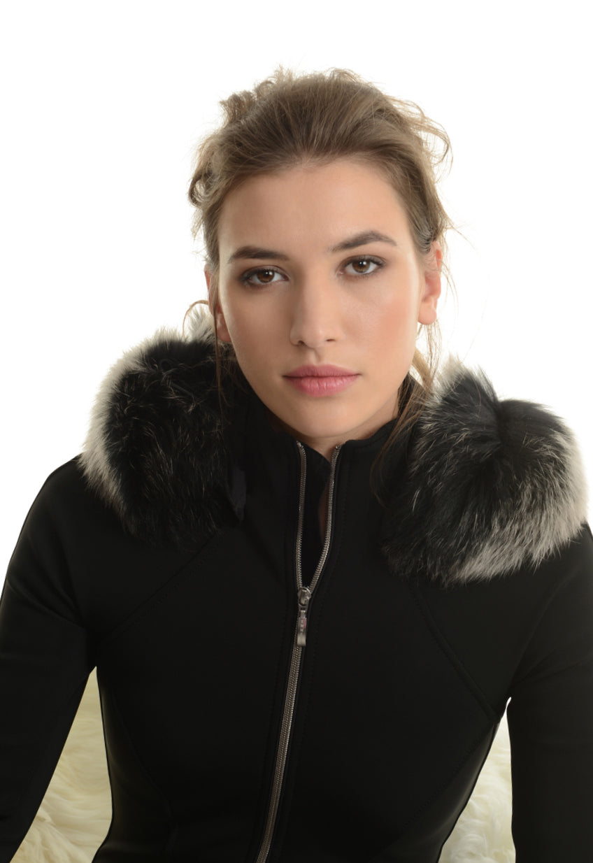 Emmegi Winnie One Piece Ski Suit in Black with Grey Fur Trimmed Hood