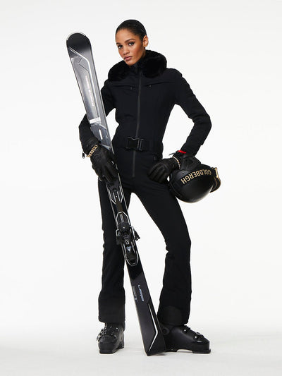 Goldbergh Parry One Piece Longer Length Ski Suit in Black with Faux Fur Hood