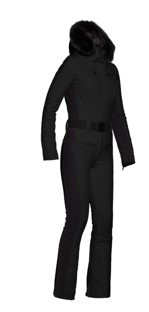 Goldbergh Parry One Piece Longer Length Ski Suit in Black with Faux Fur Hood